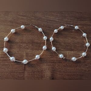 Large Gold Tone Faux Pearl Hoop Earrings Wedding Bridal Statement Sparkle